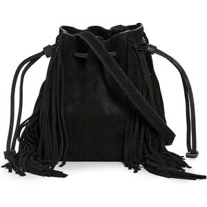 Women's Suede Drawstring Crossbody Bucket Bag with Fringe Trim, Adjustable Strap
